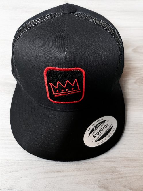 Black Snapback Hat with Red Embroidered Crown Patch